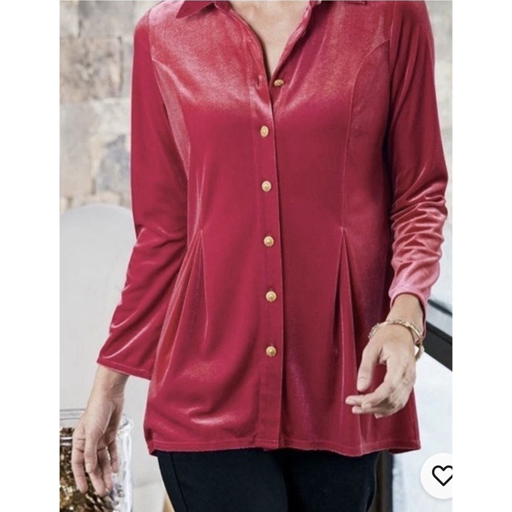 Soft Surroundings Enchanted‎ Velvet Button-up Shirt Size PL Gold Buttons Regal